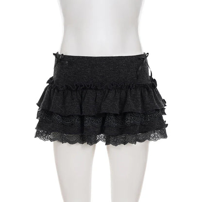 Sweet Cute Lace Fluffy Cake Skirt Korean Casual Elastic Low Waist Mini Skirt Y2K Women Clothing Summer Harajuku 2026