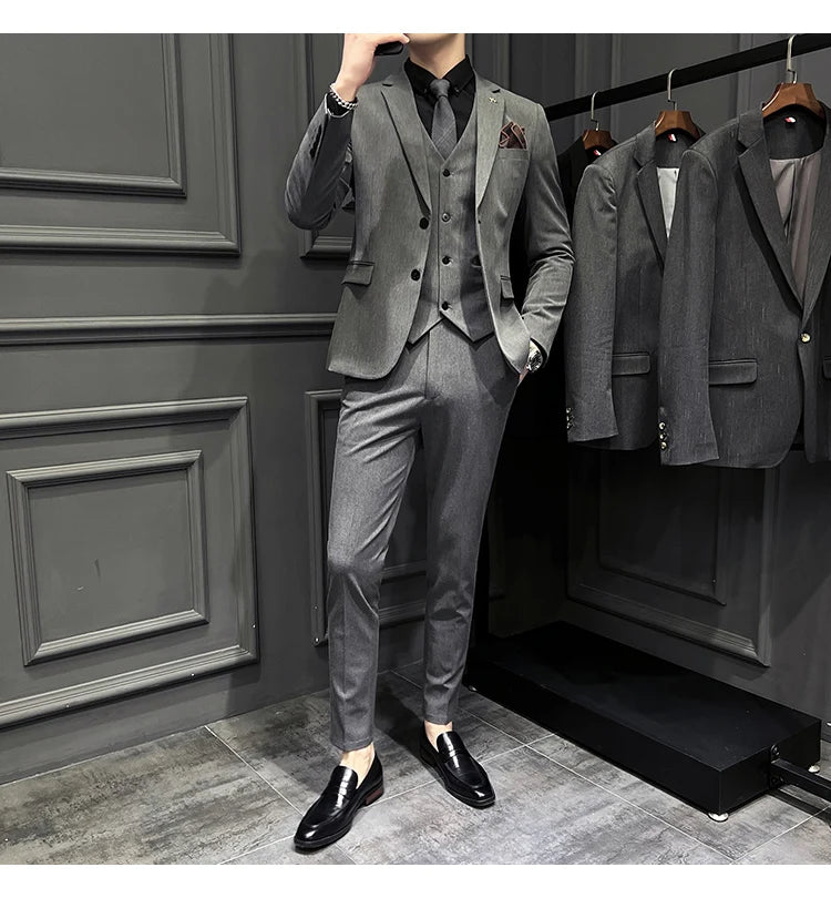 ( Blazer + Vest + Pants ) Boutique Fashion Solid Color Men's Slim Casual Business Suit Three-piece Set Groom Wedding Dress Party