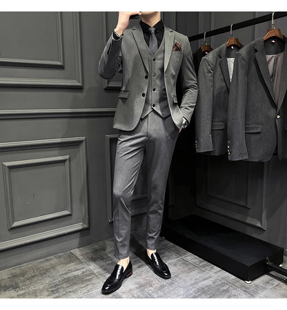( Blazer + Vest + Pants ) Boutique Fashion Solid Color Men's Slim Casual Business Suit Three-piece Set Groom Wedding Dress Party