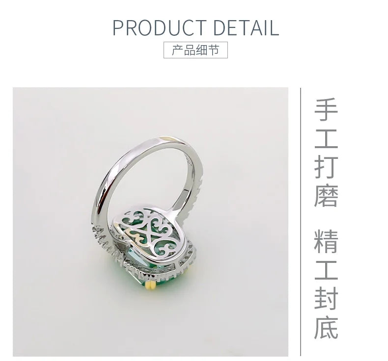 Luxurious light green tourmaline 925 sterling silver ring set with high carbon diamond temperament niche and versatile for women
