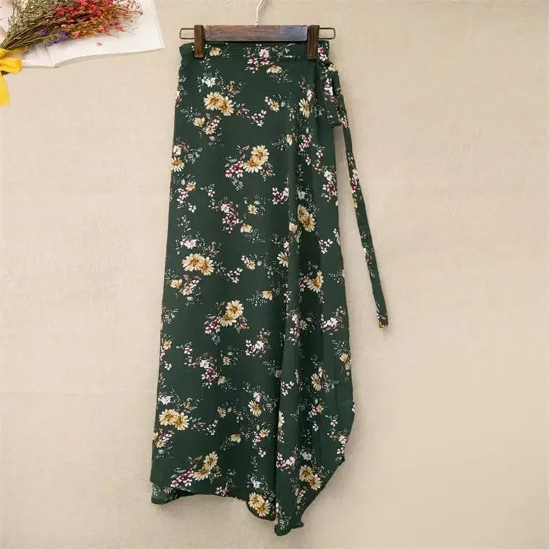 Wrap Skirts Women Casual Chiffon Tie-Waist Ruffle Wide Leg Loose Floral Skirts String Belt One Piece Wrap Beach Skirts