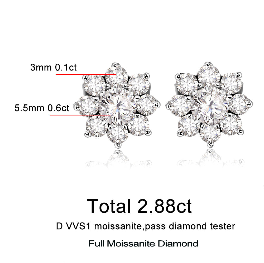 2.88CT  Certified Sunflower Full Moissnaite Diamond Stud Earring 925 Sterling Silver Plated 18k White Gold Stud Ear for Women