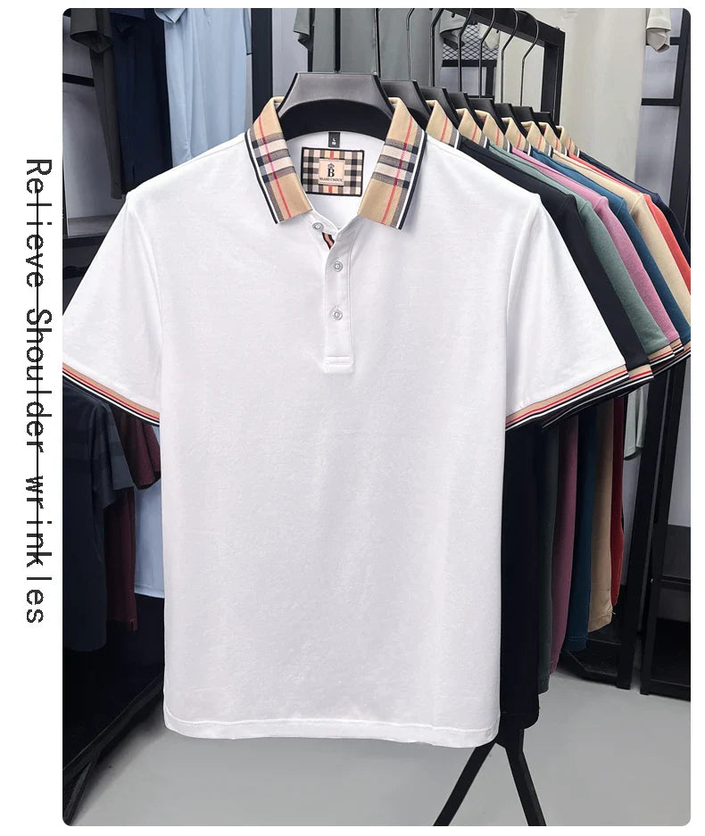 Luxury brand short sleeve polo shirt men fashionable simple solid color summer mercerized cotton breathable casual lapel T shirt