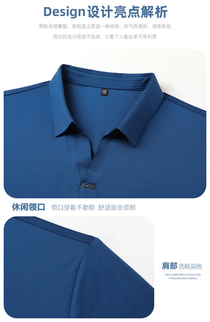 2024 High-quality Elastic Stretch POLO, Business Casual Men's Short-sleeved Shirt, Seamless V-neck M-4XL Men's Polo Shirt