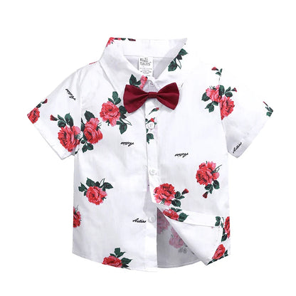 Toddler Baby Boys Sets Summer Hawaiian Outfit Infant Kids Floral Print Short Sleeve Shirt Bowtie Shirt+Shorts Gentleman Suits
