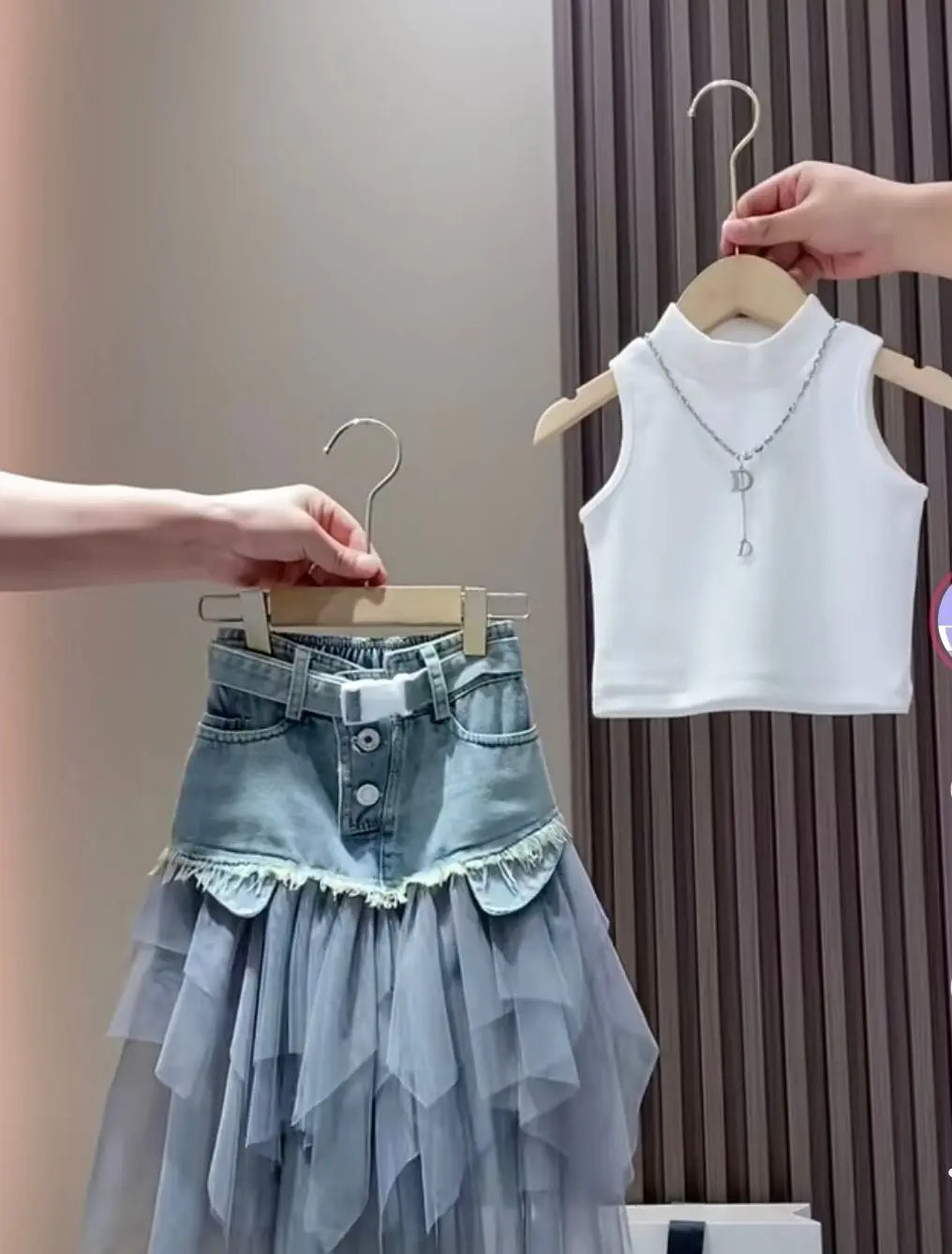 Girls' Summer New Set 2025 Korean Version Baby Girl Tank Top Mesh Splicing Cowboy Skirt Set kids jacket
