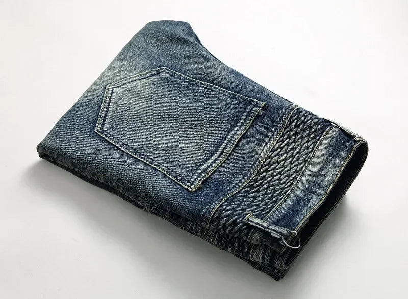 Calça Jeans Masculina Nova Casual Moto Hip Hop Rua Equitação Elástica Slim Reta Patchwork Moda Calças Jeans Masculinas