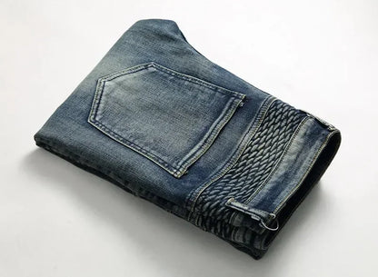 Calça Jeans Masculina Nova Casual Moto Hip Hop Rua Equitação Elástica Slim Reta Patchwork Moda Calças Jeans Masculinas