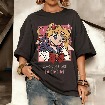 Camiseta Oversized Streetwear Kawaii Sailor Moon Gráfica Masculina Feminina Estampa Anime Manga Curta Verão Casual Roupa Y2k