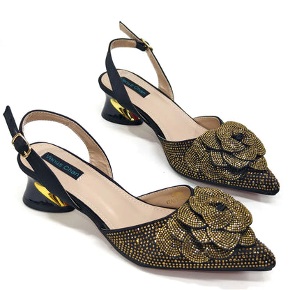 Evening Shoes and Bags Set with Full Diamond Handmade Petal Clutches Pointed Toe Peach Color Mid-Heel Women Shoes