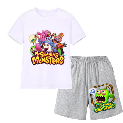 Summer Kids Cartoon Print Sport Clothing Suit Monsters Boys Casual Outfits Children Breathable T Shirt Pocket Shorts 2 Piece Set