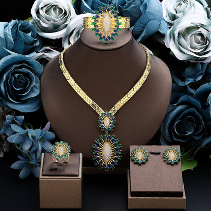 2024 Bridal Wedding Jewelry Set for Women Gold Plated Nigerian African 4pcs Jewelry Necklace Earrings Set Green Red CZ Zirconia