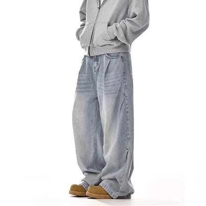 New Korean Retro Men'S Jeans High Street Straight Leg Pants Loose Casual Jeans Fashion Wide Leg Pants