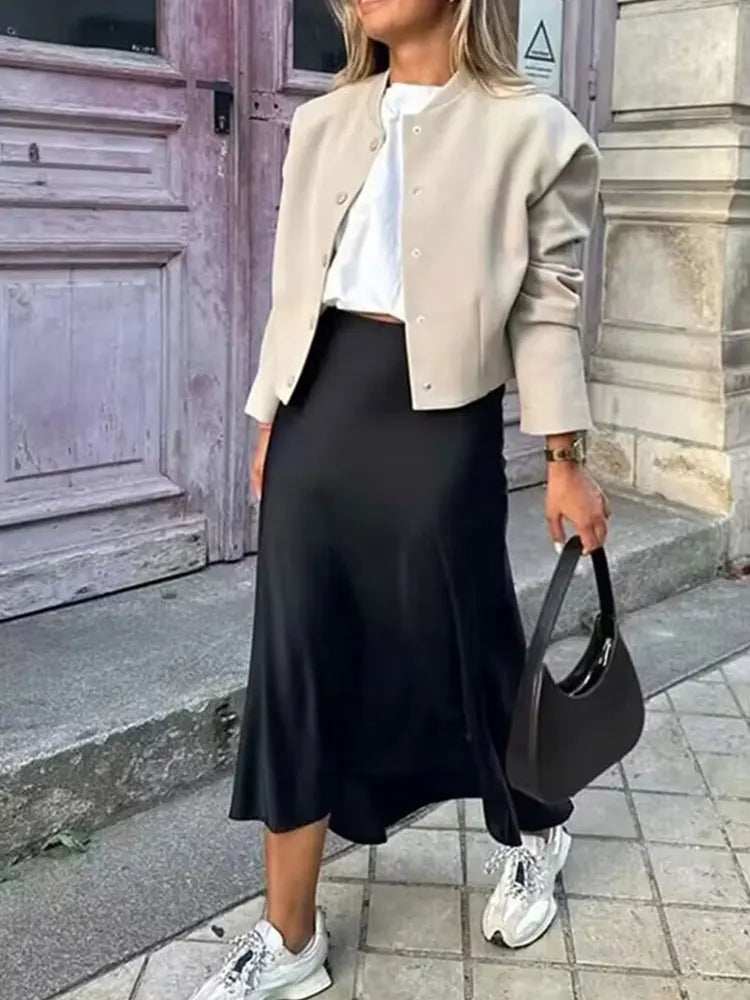 2024 Y2K Casual Women Long Skirt Spring Elastic High Waisted A-Line Casual Female Satin Skirts High Street Lady Skirts