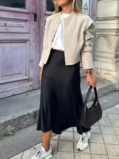 2024 Y2K Casual Women Long Skirt Spring Elastic High Waisted A-Line Casual Female Satin Skirts High Street Lady Skirts
