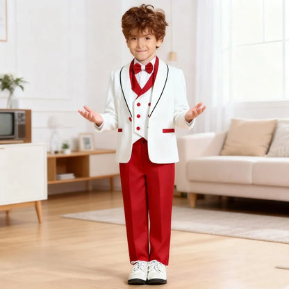 Stylish Occasion Wear Kids White Red Contrast Formal Multi Piece Suit Set Eye Catching Design Perfect For Festival Performance