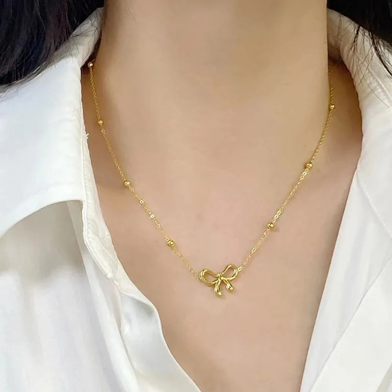 Stainless Steel Beads Chain Hollow Bowknot Pendant Necklace for Women Niche Simple Jewery Accessory