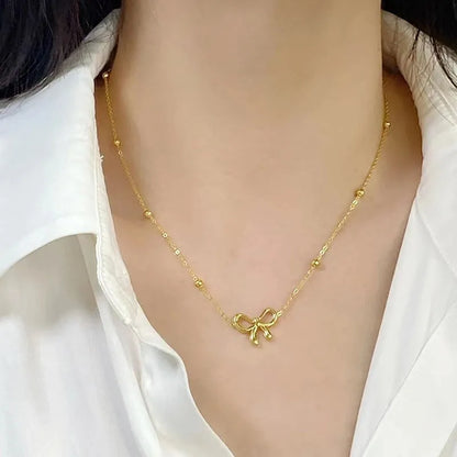 Stainless Steel Beads Chain Hollow Bowknot Pendant Necklace for Women Niche Simple Jewery Accessory
