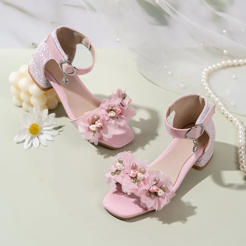 2026 Summer Kids Elegant Sandals New Sequins Girls Catwalk Shoes for Wedding Party Fashion Flower Children's Princess High Heels