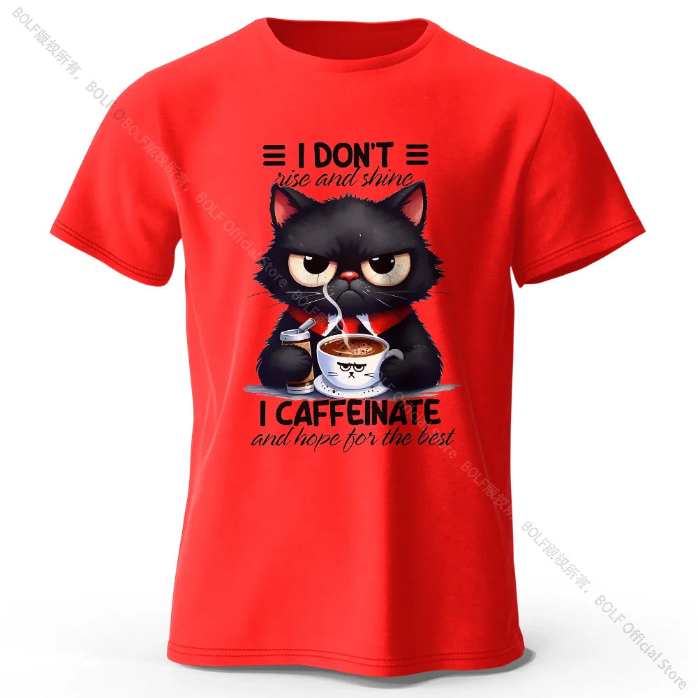 Coffee Loving Cat Print 100% Cotton T-Shirt, Soft & Breathable Round Neck Short Sleeve Tee, Unisex Fun & Quirky Style