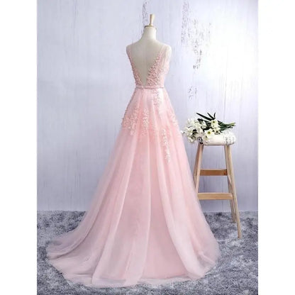 In Stock Pink Princess Prom Dresses Appliques Beaded V Neck Long Evening Dress Soft Tulle Bridesmaid Dress Vestidos De Fiesta