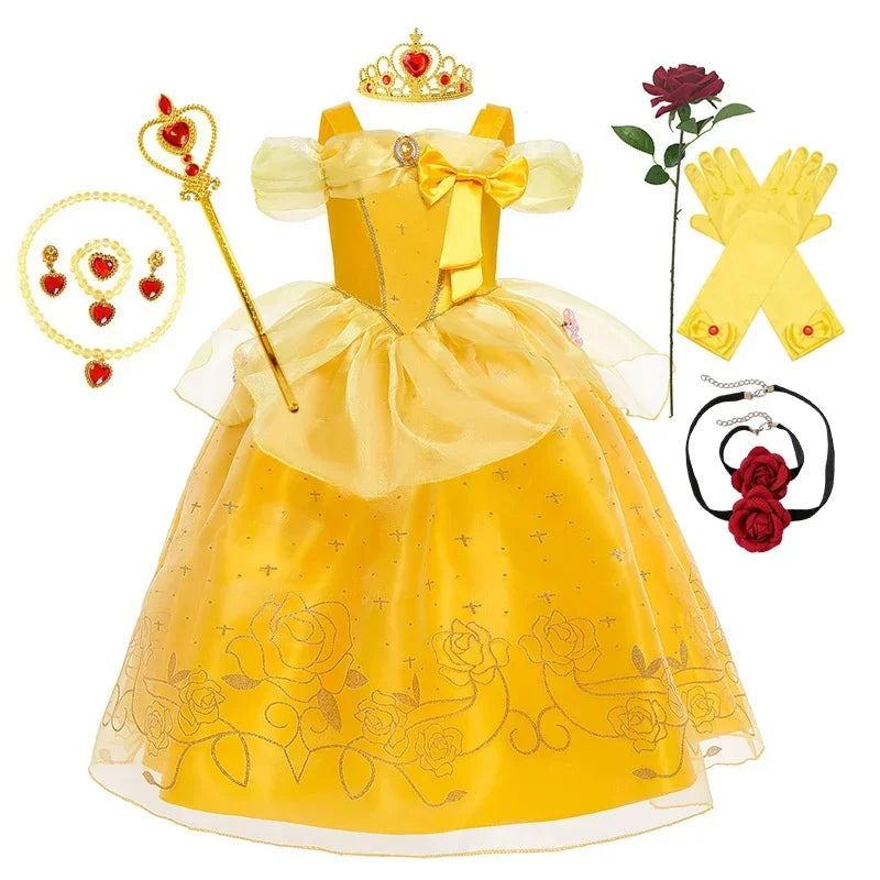 Disney Aniversário Festa Bela Fantasia Infantil Amarelo Malha Vestido de Baile Criança Cosplay Vestido de Festa Luxo para Menina Princesa Bela Noite