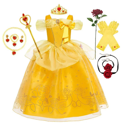 Disney Aniversário Festa Bela Fantasia Infantil Amarelo Malha Vestido de Baile Criança Cosplay Vestido de Festa Luxo para Menina Princesa Bela Noite