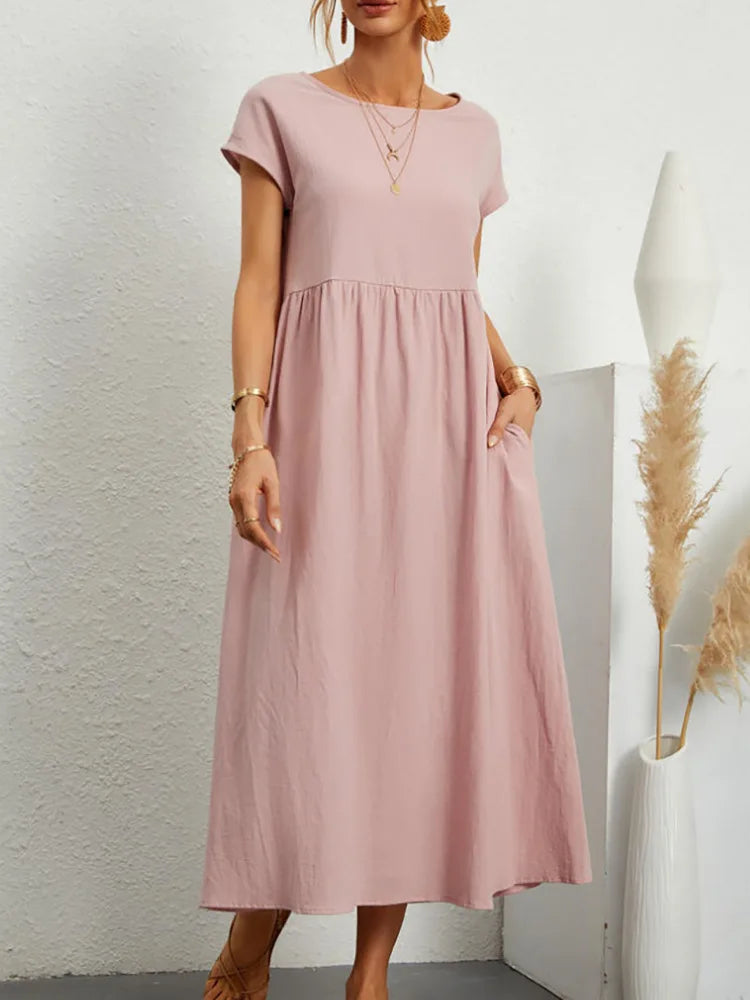 Women Vintage Solid Dress 2023 Summer Elegant O Neck Short Sleeve Cotton Linen Dresses Female Casual Loose Sundress Long Dress