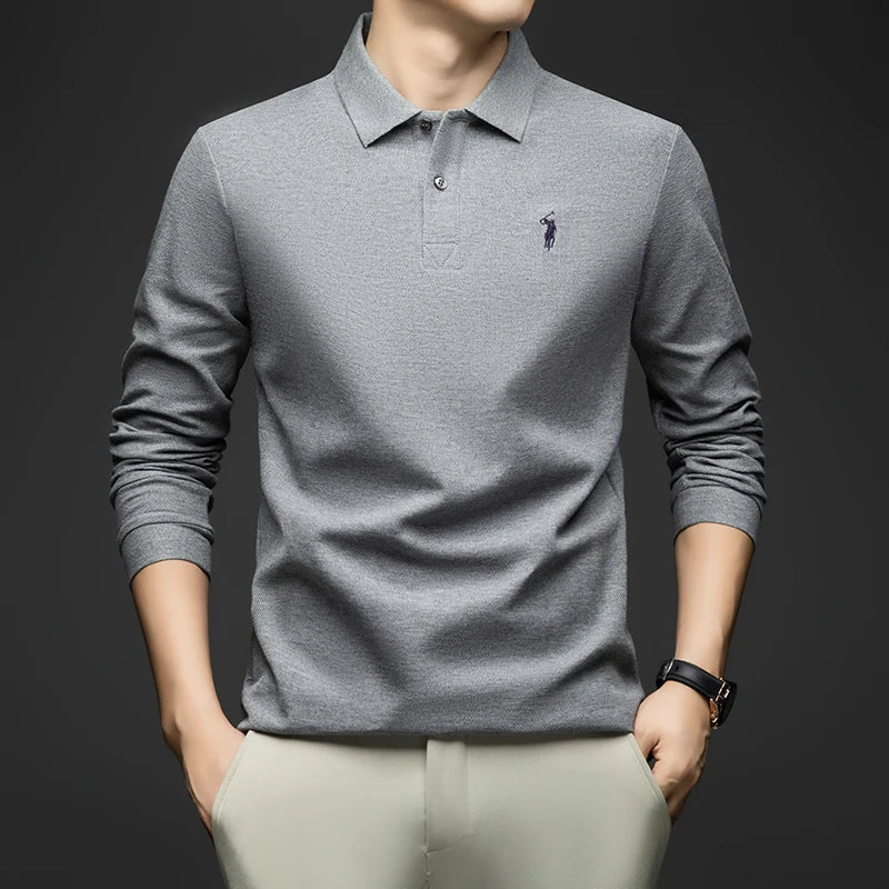 100% Pure Cotton Men's Long Sleeved Polo Shirt, Collar T-shirt, Spring and Autumn Top, No Ironing, Wrinkle Resistant Embroidery