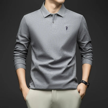100% Pure Cotton Men's Long Sleeved Polo Shirt, Collar T-shirt, Spring and Autumn Top, No Ironing, Wrinkle Resistant Embroidery