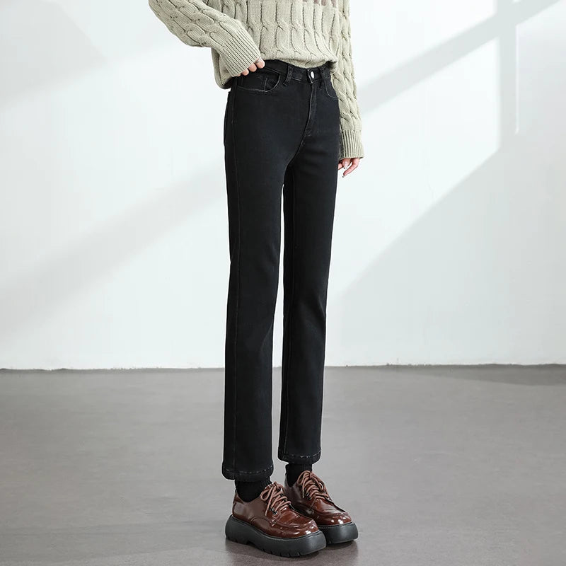 Calças Jeans Femininas de Inverno Quentes de Lã Retrô Elásticas Grossas Confortáveis Retas Modernas Coreanas Casuais de Veludo Denim