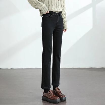 Calças Jeans Femininas de Inverno Quentes de Lã Retrô Elásticas Grossas Confortáveis Retas Modernas Coreanas Casuais de Veludo Denim
