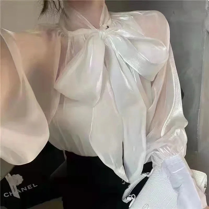 Women's Satin Blouses Stylish Big Bow Shirts 2023 Spring Autumn New Fashion Korean Edition Casual Puff Sleeve Female Solid Top
