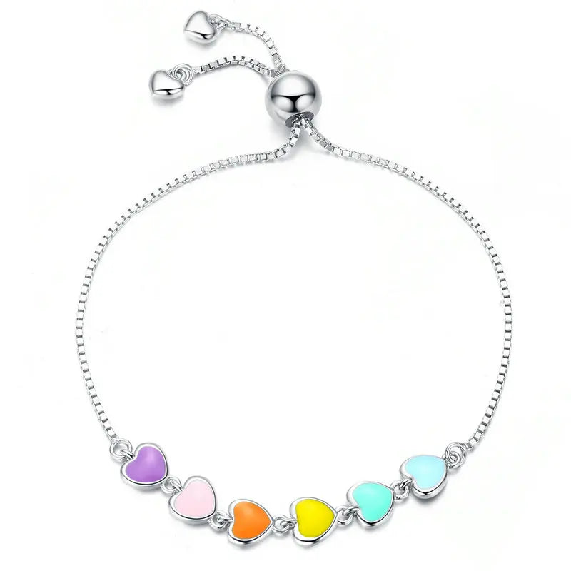 bamoer Rainbow Color Enamel Heart Bracelet for Women Heart-shape  925 Sterling Silver Chain Bracelet Anti-allergy Jewelry SCB158