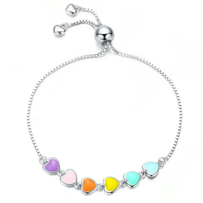 bamoer Rainbow Color Enamel Heart Bracelet for Women Heart-shape  925 Sterling Silver Chain Bracelet Anti-allergy Jewelry SCB158