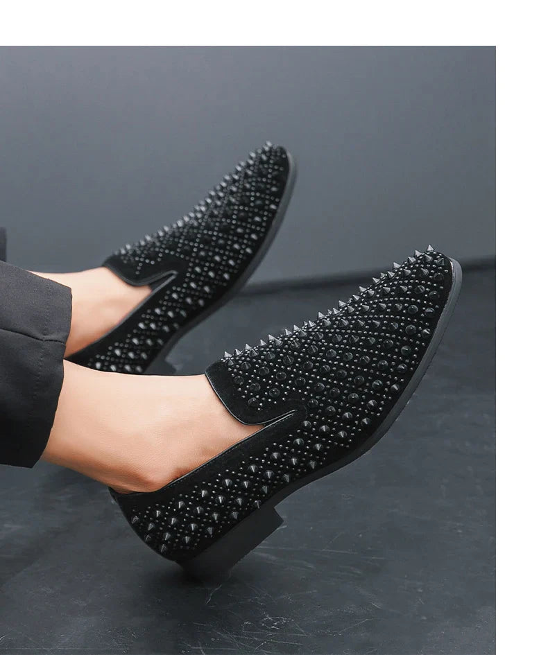 Hairdresser personality trend rivet hot diamond Loafers men's British vintage rhinestone shoe hipster leather shoes