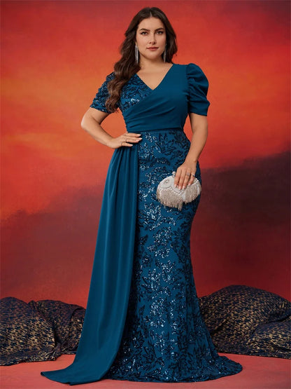 Plus Size Elegant V-neck Sequins Evening Dress Women Short Sleeves Mermaid Formal Luxury Party Streamer Prom Dress