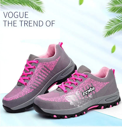Women‘s Safety Shoes Anti-Smash Anti-Puncture Lightweight Fashionable Grey Pink Color Comfort Fit Daily Wear Protective
