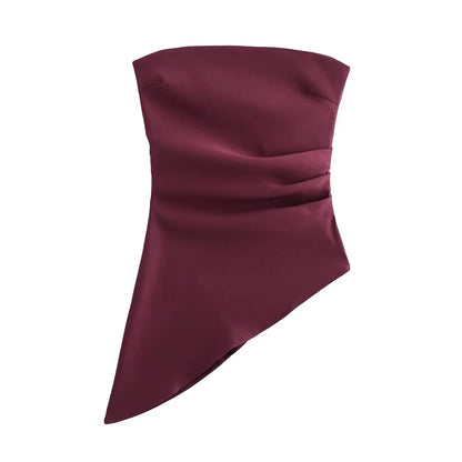 Women's Strapless Asymmetric Pleated Bustier Tops, Straight Neck, Side Zipper, Female Camis, Sexy Fashion