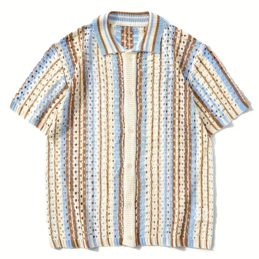 Men's Short Sleeve Summer Fashion Retro Knit Lapel Top Solid Color Soft Breathable Light Polo Knitwear Men US Size