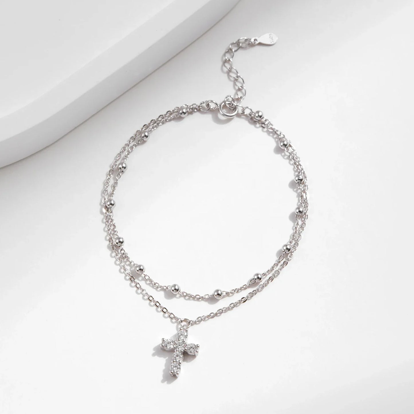 Exquisite Cross CZ Bracelet 925 Sterling Silver Stackable Double Layer Link Chain Beads Bracelets For Women Fine Jewelry