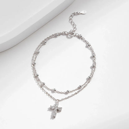 Exquisite Cross CZ Bracelet 925 Sterling Silver Stackable Double Layer Link Chain Beads Bracelets For Women Fine Jewelry
