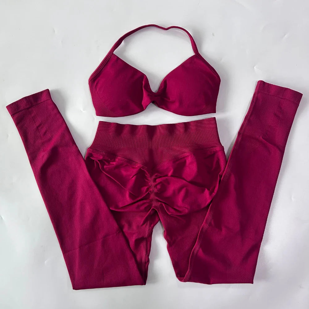 2 Pieces Set For Woman Strappy Yoga Bra Sports Top Workout Leggings Set Seamless Gym Set Fitness Clothes Outfit Activewear