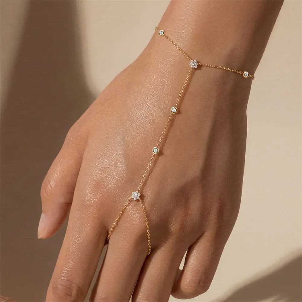 Dainty 5A Zircon Finger Ring Chain Bracelets Flower High Carbon Bracelet for Women Girl Adjustable s925 Silver Jewelry Gift
