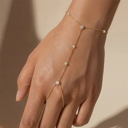 Dainty 5A Zircon Finger Ring Chain Bracelets Flower High Carbon Bracelet for Women Girl Adjustable s925 Silver Jewelry Gift