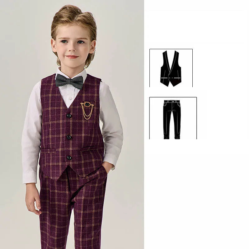 Boys Dark Green Jakcet Vest Pants Bowtie Evening Party Dress Children Wedding Photograph Suit Kids Ceremony Performance Costume