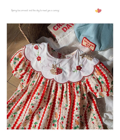 Kid Girl Adorable Short Sleeve Dress Red White Vertical Stripes Bunny Strawberry Print Peter Pan Collar Skirt for Children