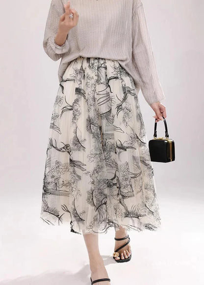 Women Flocking Flower Tulle Gauze Skirt Elegant Sweet Elastic Waist Midi Floral Mesh Skirt For All Season