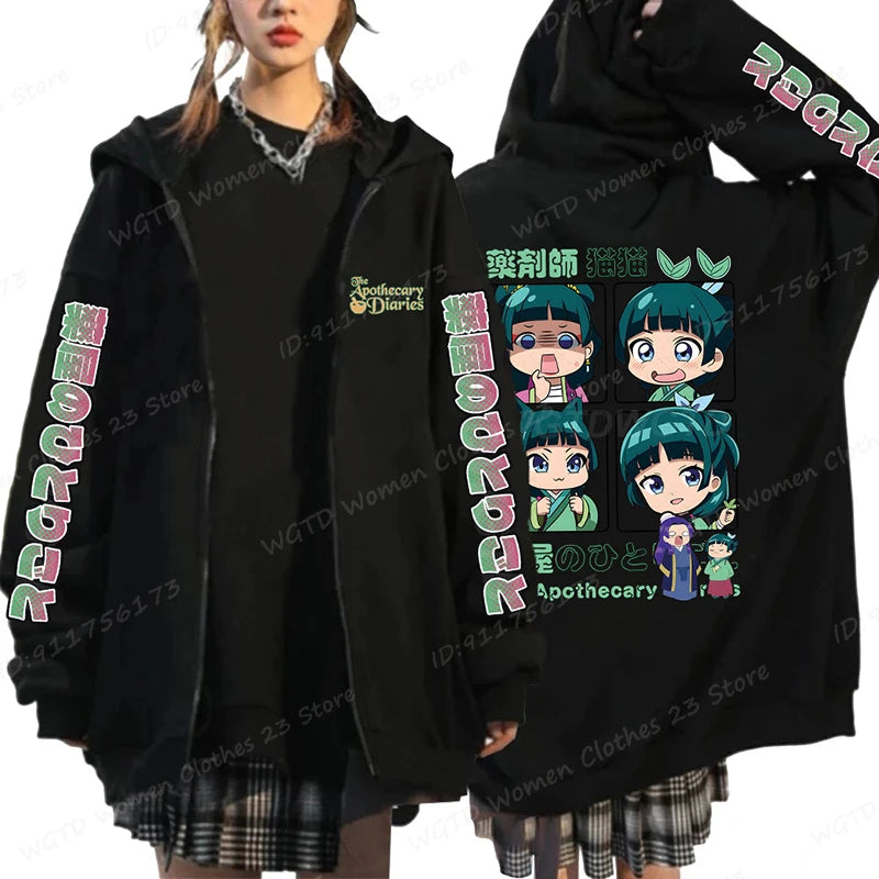Funny The Apothecary Diaries Print Hoodies Men Women Casual Harajuku Zipper Hooded Pullovers Coat Anime Streetwear Sweatshirt