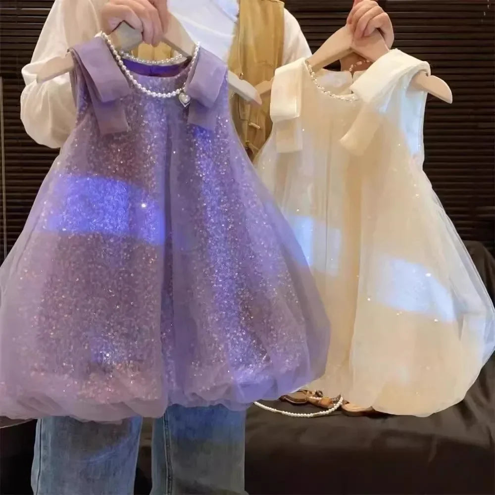 Plain Girls Clothes Summer Sleeveless Mesh Sparkling Princess Dresses Korean Version Birthday Wear Party Wedding